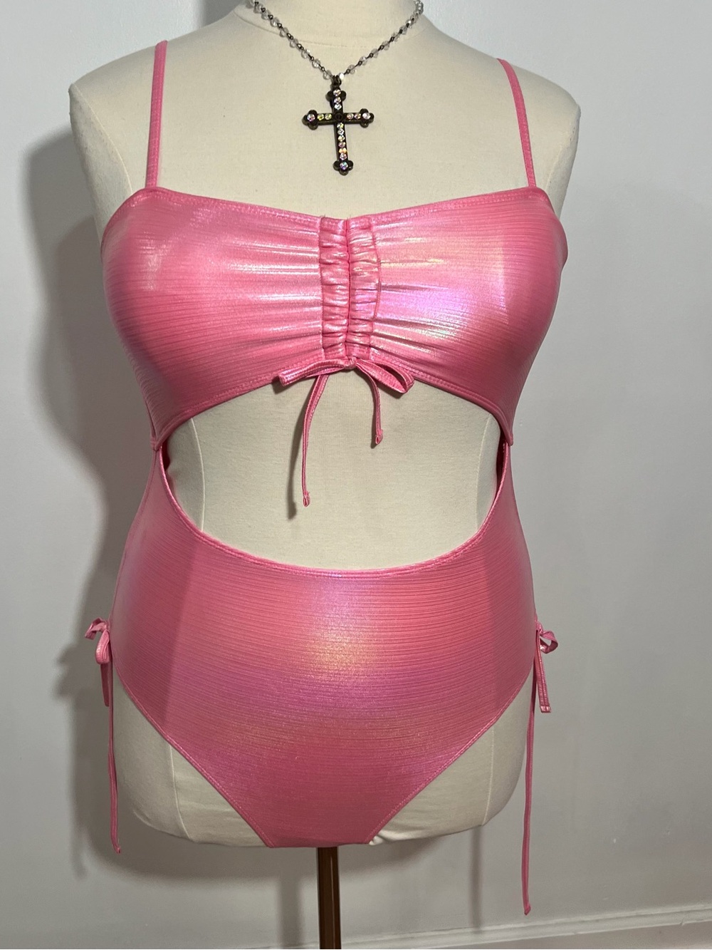 Hot Pink Drawstring Top & Sides Cut Out One Piece Swimsuit -- 0XL - Picture 2 of 11